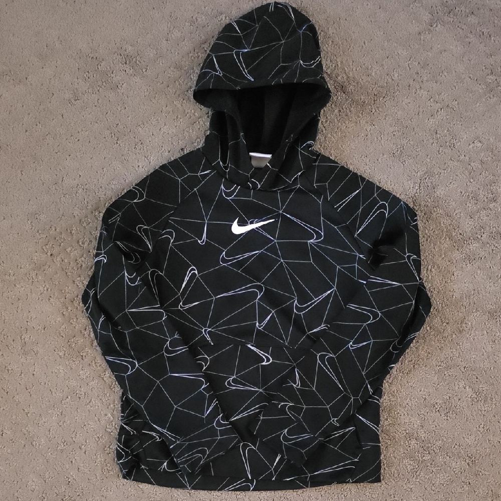 Nike Therma-Fit Black Hoodie with White Accents. All Over Nike Pattern.